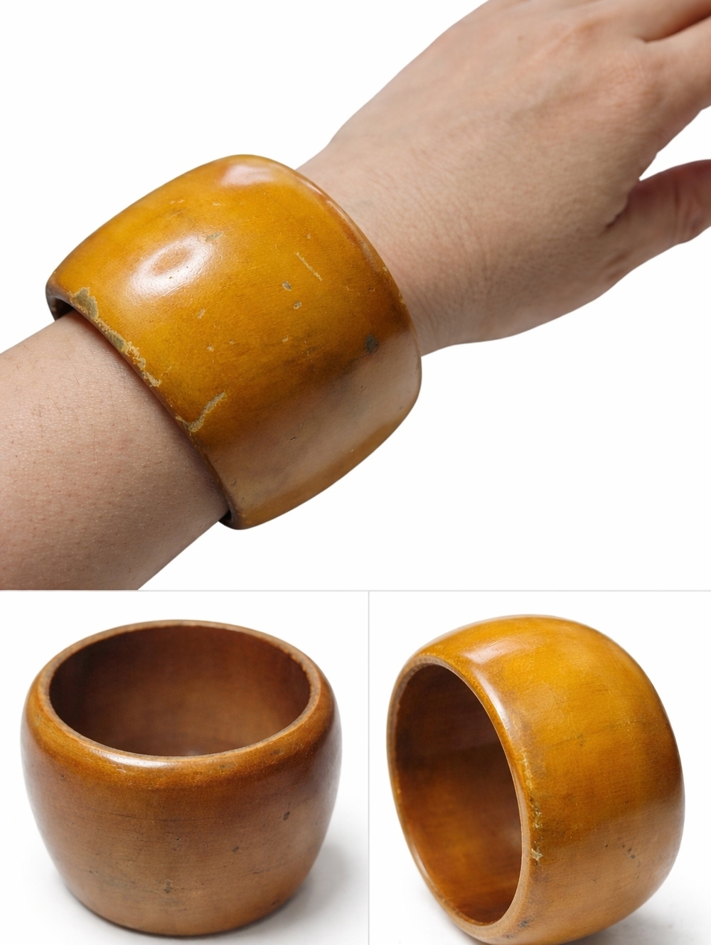 Vintage Wide Wooden Bangle Bracelet Brown Chunky Boho Statement Cuff Size 7
